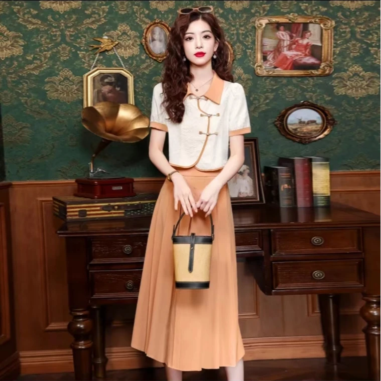 新中式国风黑色短袖衬衫搭配半身裙女2024夏新款时尚两件套装