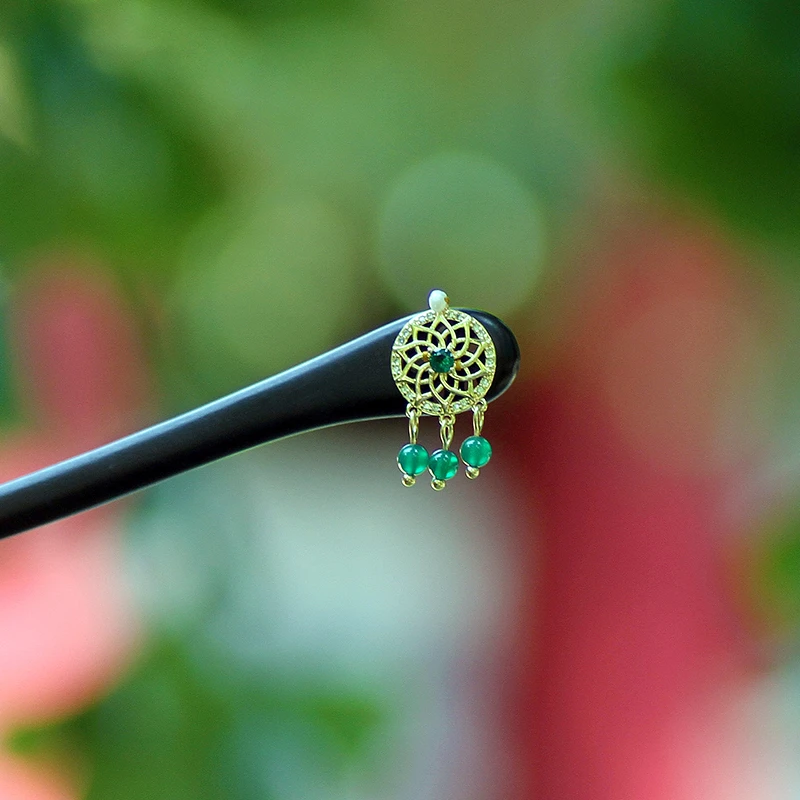 手工发簪古风简约日常发饰百搭绿色流苏国风复古风头饰檀木发簪子