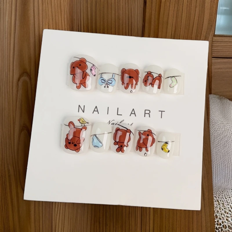 挂挂熊┃穿戴式美甲纯贴手绘美甲小熊美甲纯手工穿戴甲可爱美甲