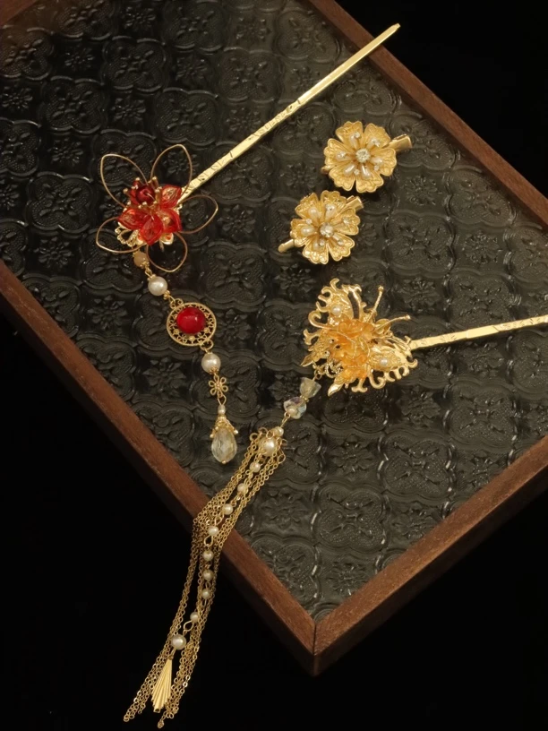 SE澜起喜饰 新中式古典蝴蝶花朵发簪订婚汉服流苏簪子