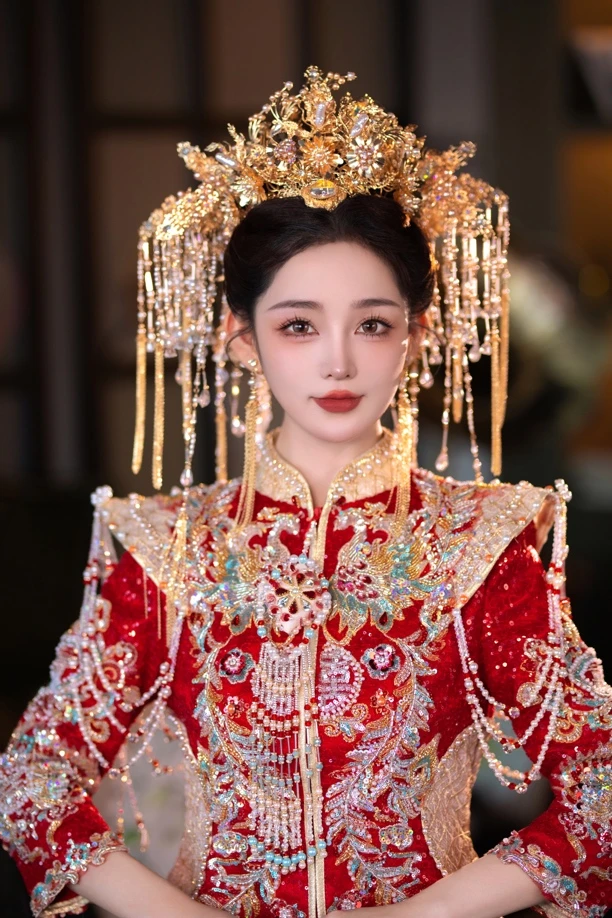 SE澜起喜饰 全金色系半冠后压秀禾新娘汉服大气头饰