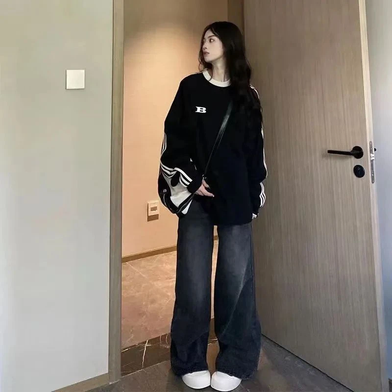 美式复古三条杠黑色卫衣女秋2024新款宽松情侣oversize长袖上衣潮