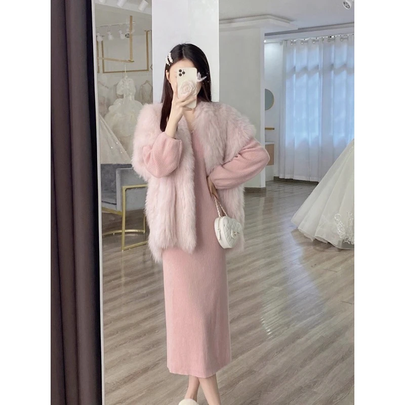 QDA5390秋冬马甲落肩款背心坎肩环保皮草毛毛外套外搭挂肩马夹女