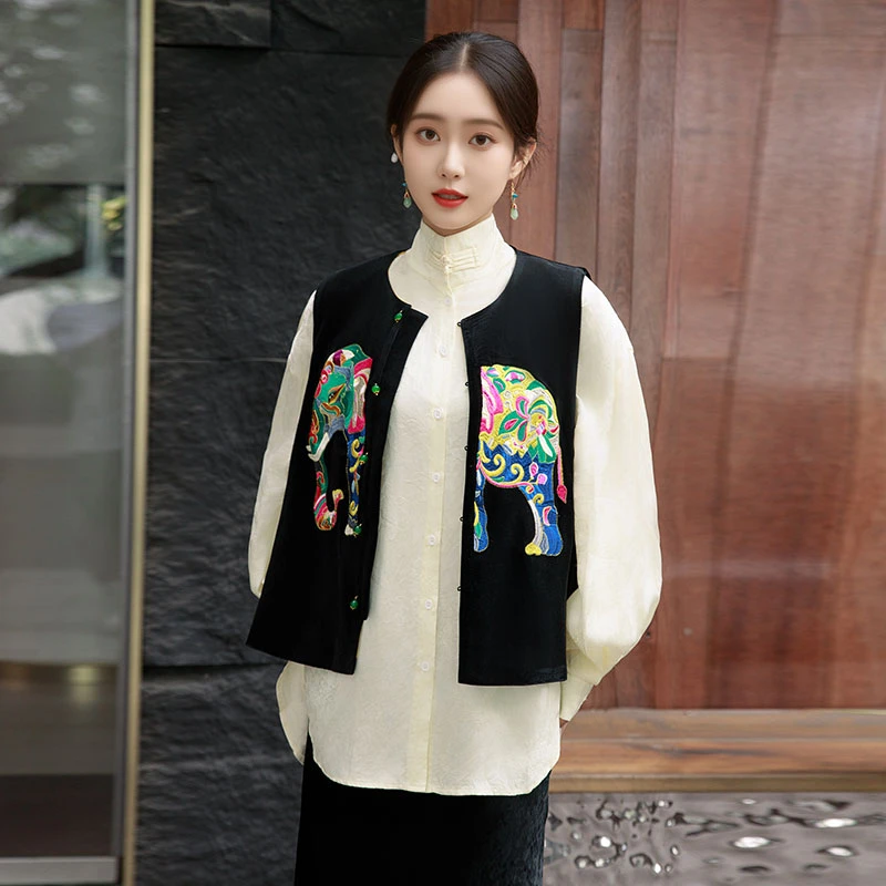 丝绒高端重工绣花国风大象百搭减龄时尚秋冬马夹宽松中式气质马甲