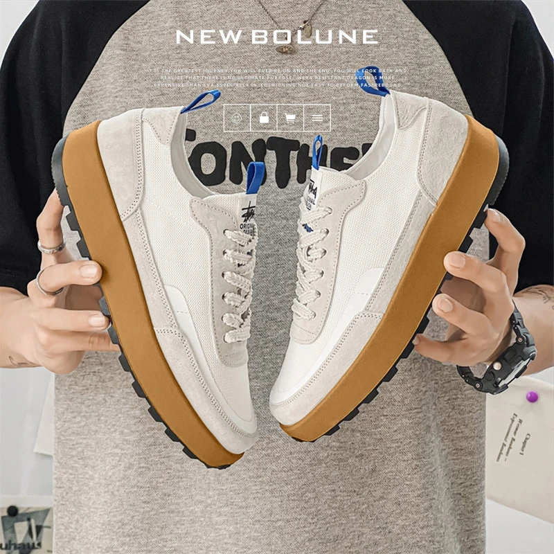NEW BOLUNE/新百伦男士休闲百搭潮鞋夏季复古小白鞋厚底帆布鞋男
