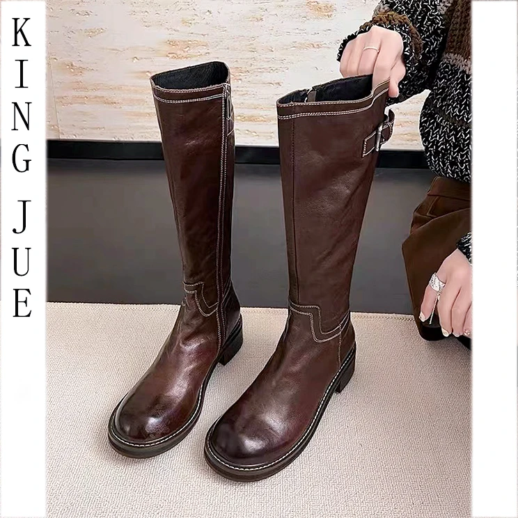 【王爵】复古骑士靴/瘦腿加绒侧拉链不过膝长靴/亮皮粗跟长筒瘦瘦靴
