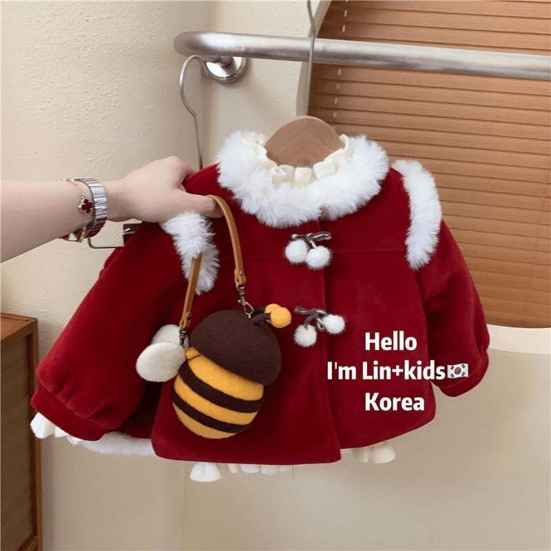 2024年新款女童拜年服儿童新年服洋气酒红色毛呢套装裙子