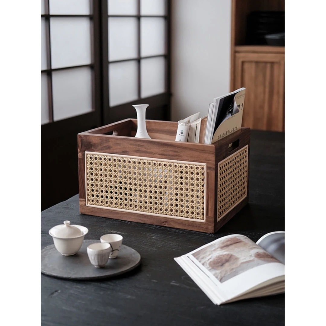 日式黑胡桃木藤编收纳筐桌面衣物杂物文件玩具书本家用储物箱大号
