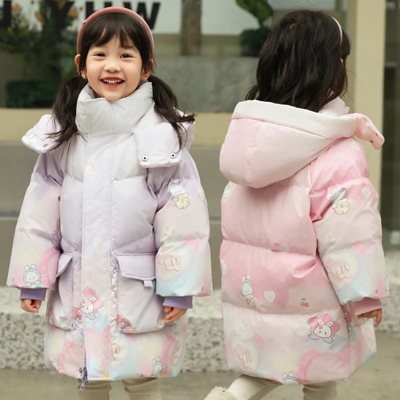 新款中小童女童羽绒服中长款儿童女宝宝卡通可爱免洗加厚公主外套