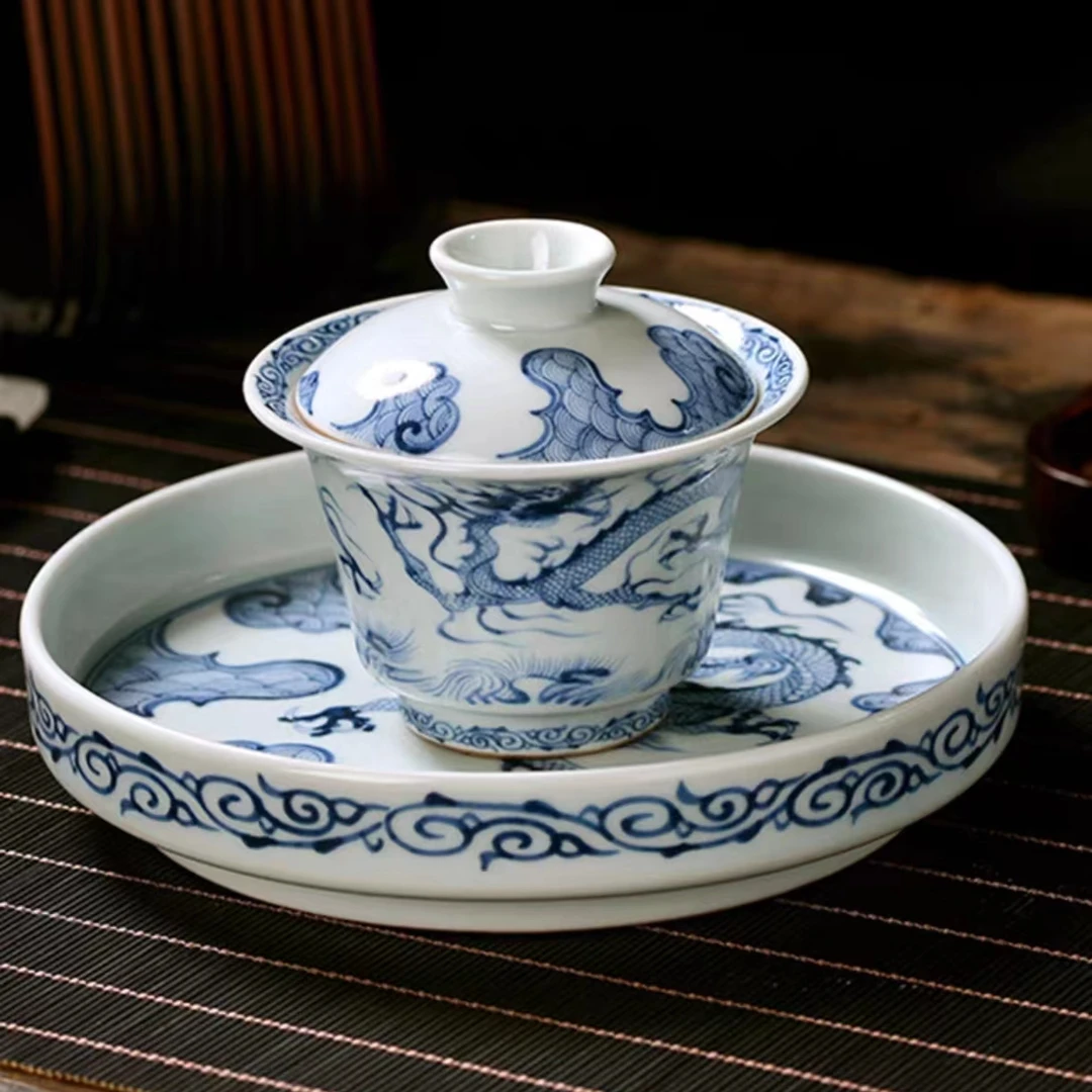 瓷趣说景德镇复古青花穿云龙二才盖碗+壶承釉下彩龙纹套装高端