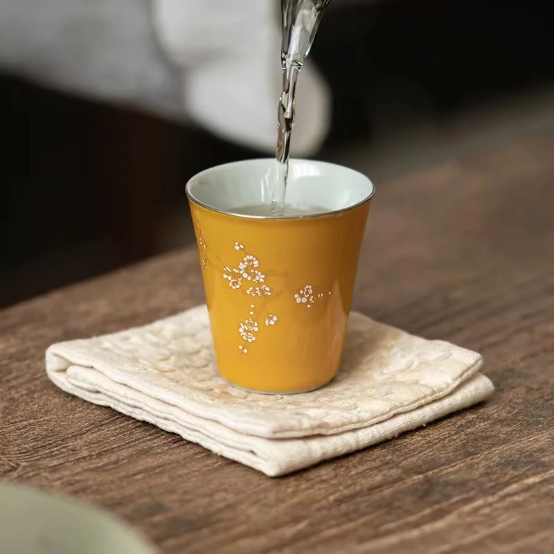 复古品茗主人杯家用喝茶陶瓷茶具明黄—暗香斜阳杯—白金版