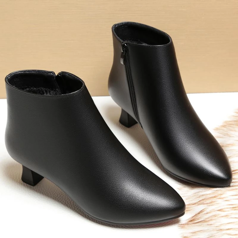 真皮加绒细跟高跟工鞋工作鞋黑色工装职业皮鞋酒店女鞋短靴秋冬季