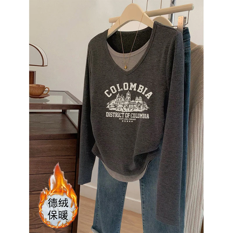 2024新款收腰V领假两件德绒长袖t恤女时尚显瘦加厚保暖秋冬上衣潮