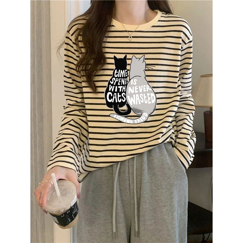 条纹圆领长袖t恤女春秋2024年新款洋气宽松显瘦遮肚子内搭打底衫