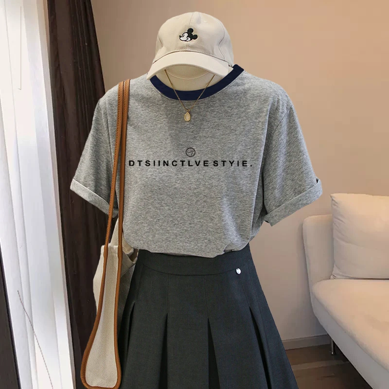 2024新款撞色正肩短袖t恤女网红时尚百搭洋气上衣薄款打底衫夏季