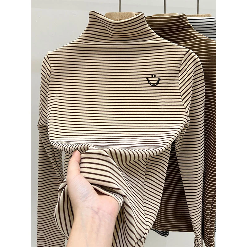 2024秋冬新款德绒条纹半高领打底衫女长袖T恤内搭加厚保暖上衣潮