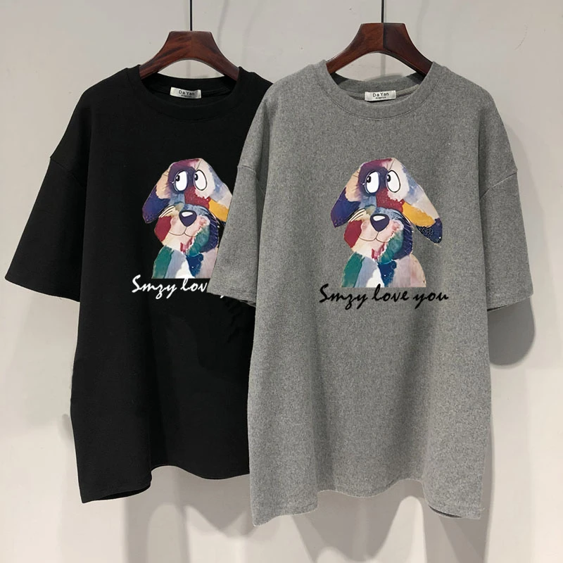 搭配鲨鱼裤磨毛短袖t恤女中长款宽松休闲打底衫2024春夏秋季上衣