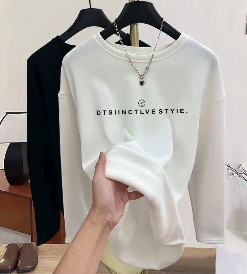 中长款2023新款爆款女士长袖t恤加绒时尚洋气打底衫上衣秋冬内搭