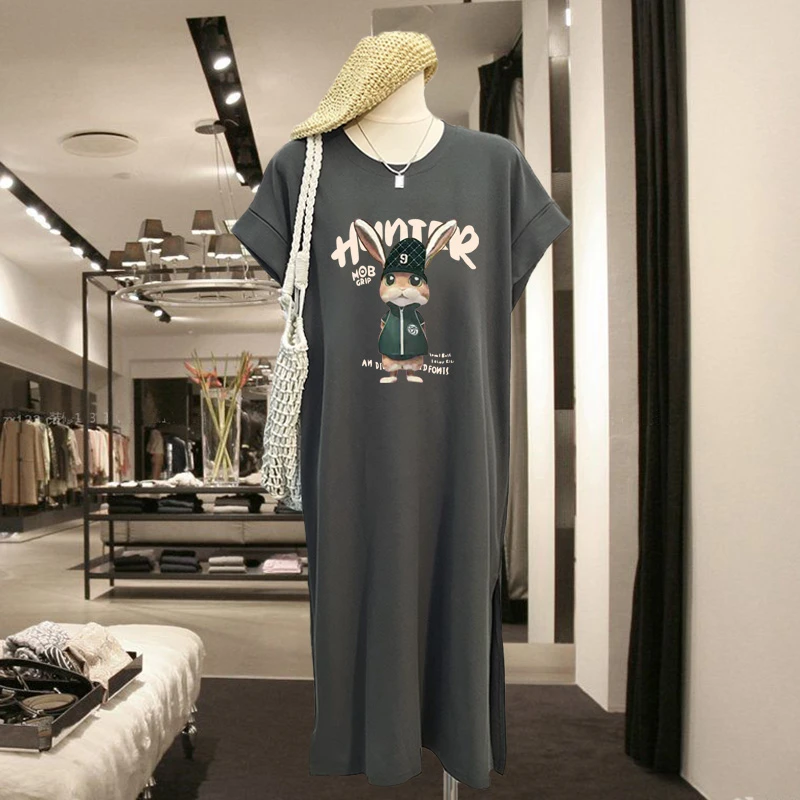 2024夏季新款短袖t恤裙女韩版宽松休闲气质大码小飞袖连衣裙长裙