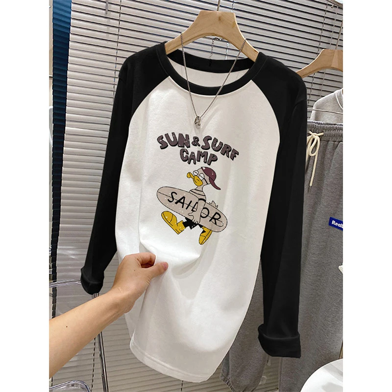 2024秋冬季中长款遮屁股撞色磨毛长袖t恤女搭配鲨鱼裤上衣打底衫