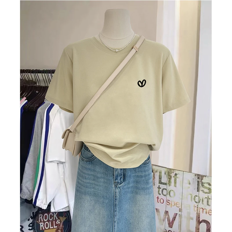 2024新款夏季正肩简约显瘦短袖t恤女休闲百搭上衣打底衫美式圆领
