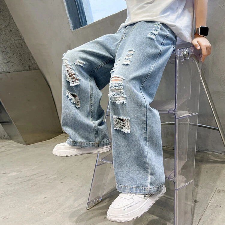 男童夏装破洞牛仔裤薄款中大童帅气宽松浅色阔腿直筒春夏裤子潮酷