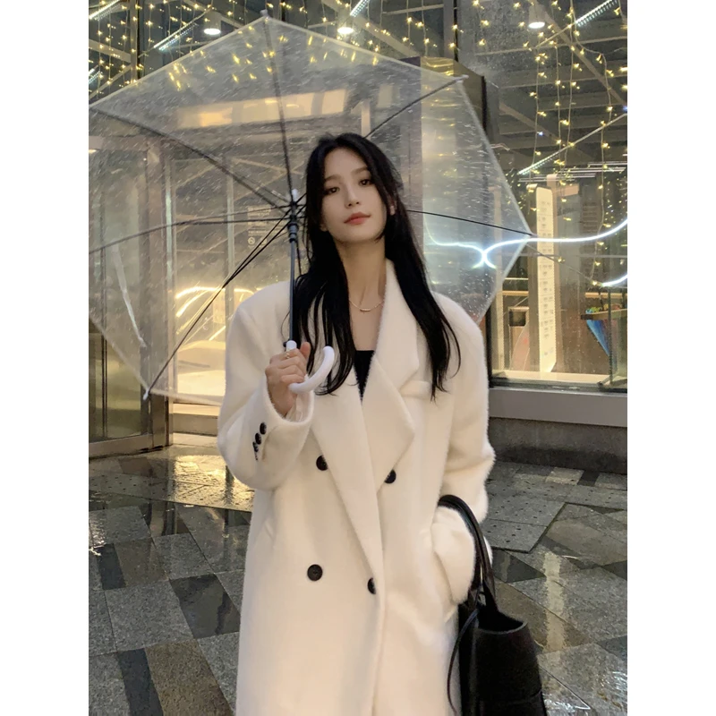 羽绒仿水貂绒大衣女中长款2025秋冬季新款西装毛呢外套白色呢子