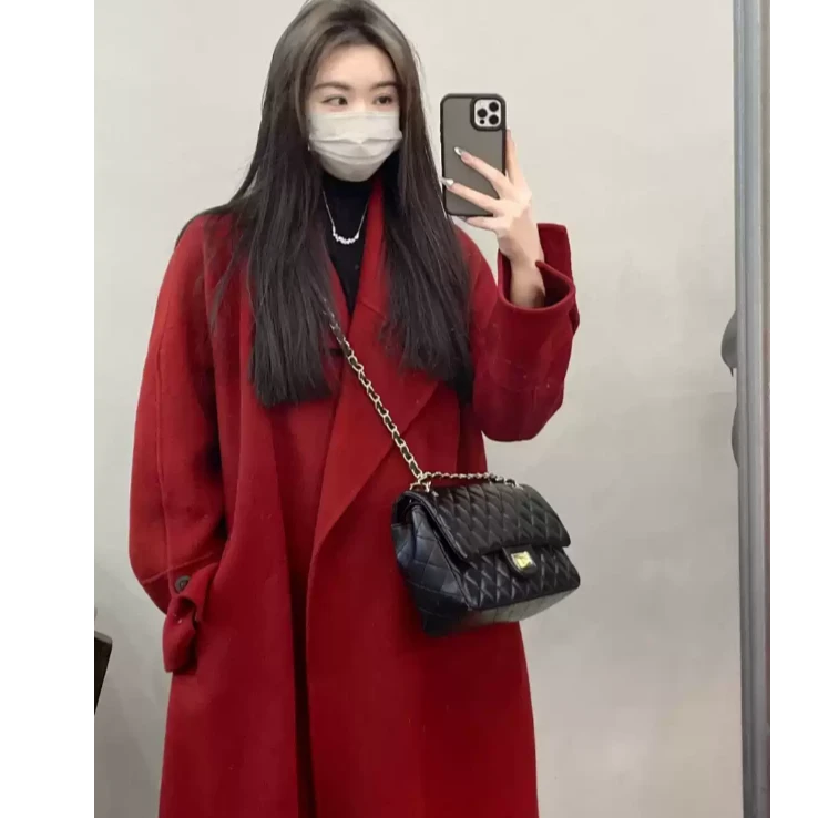 红色大衣女2024秋冬季新款赫本风小个子高级感系带中长款毛呢外套