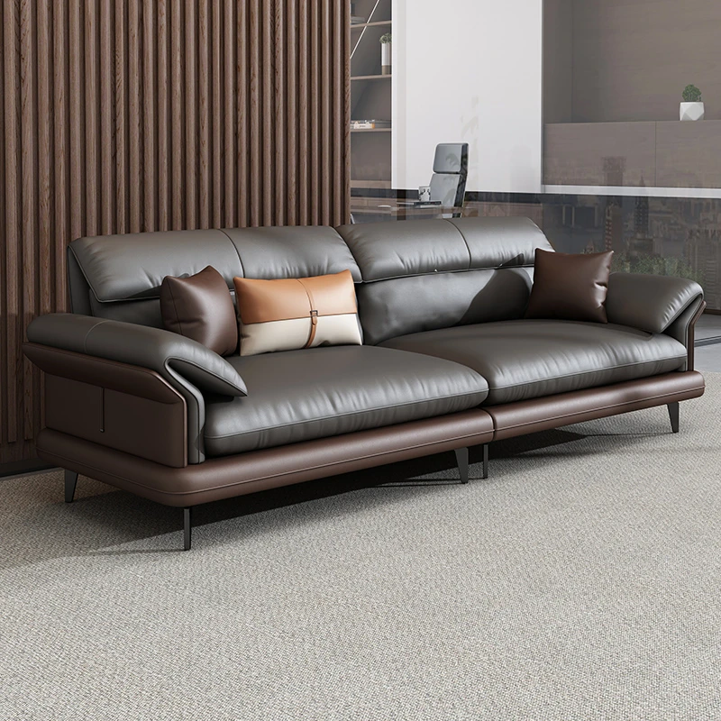 简约现代三人位意式真皮沙发会客办公室商务接待沙发茶几组合套装