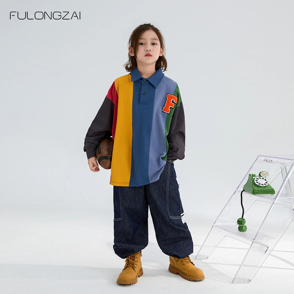 亲子童装2024秋季男女童新款中大童翻领条纹POLO衫衬衫彩色竖纹T