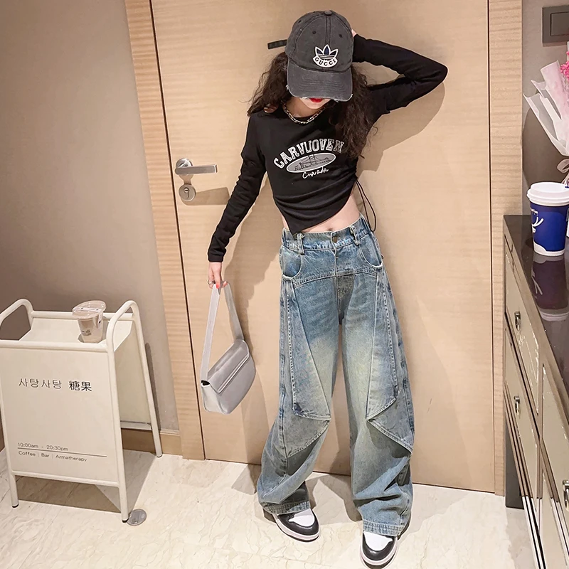 女童春秋牛仔套装2024新中大童时尚长袖阔腿裤拖地裤高腰显瘦韩版
