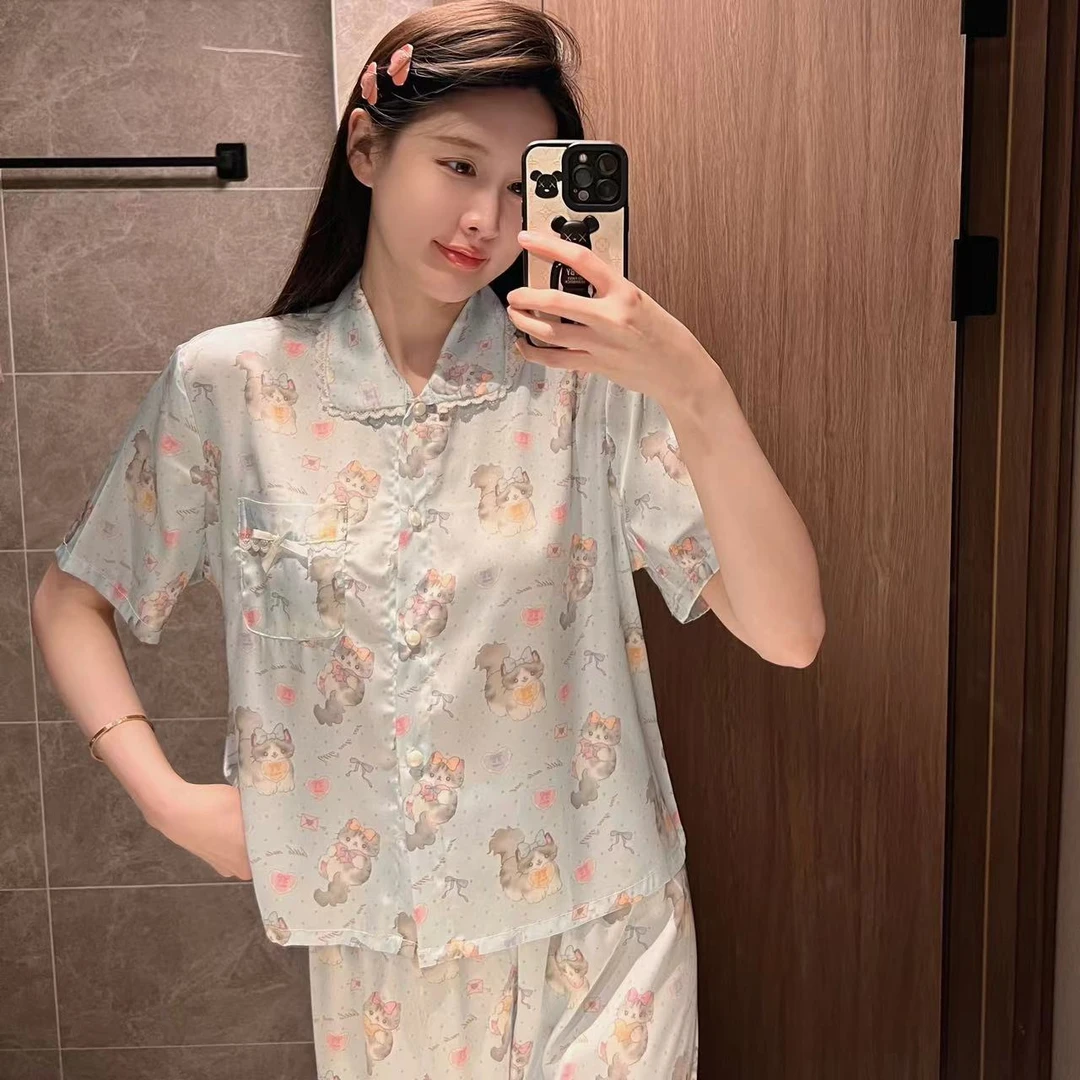 邻妹儿【瑶不仙定制】猫咪设计师款睡衣高级印花家居服女套装休闲