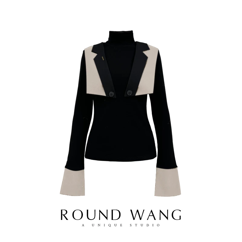 王嬛嬛ROUNDWANG拼接气质时尚长袖上衣修身女T恤设计师F23D650