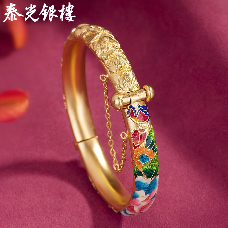 泰光银楼 足银珐琅手镯 足银999珐琅古法牡丹闭口镯鎏金国风下架