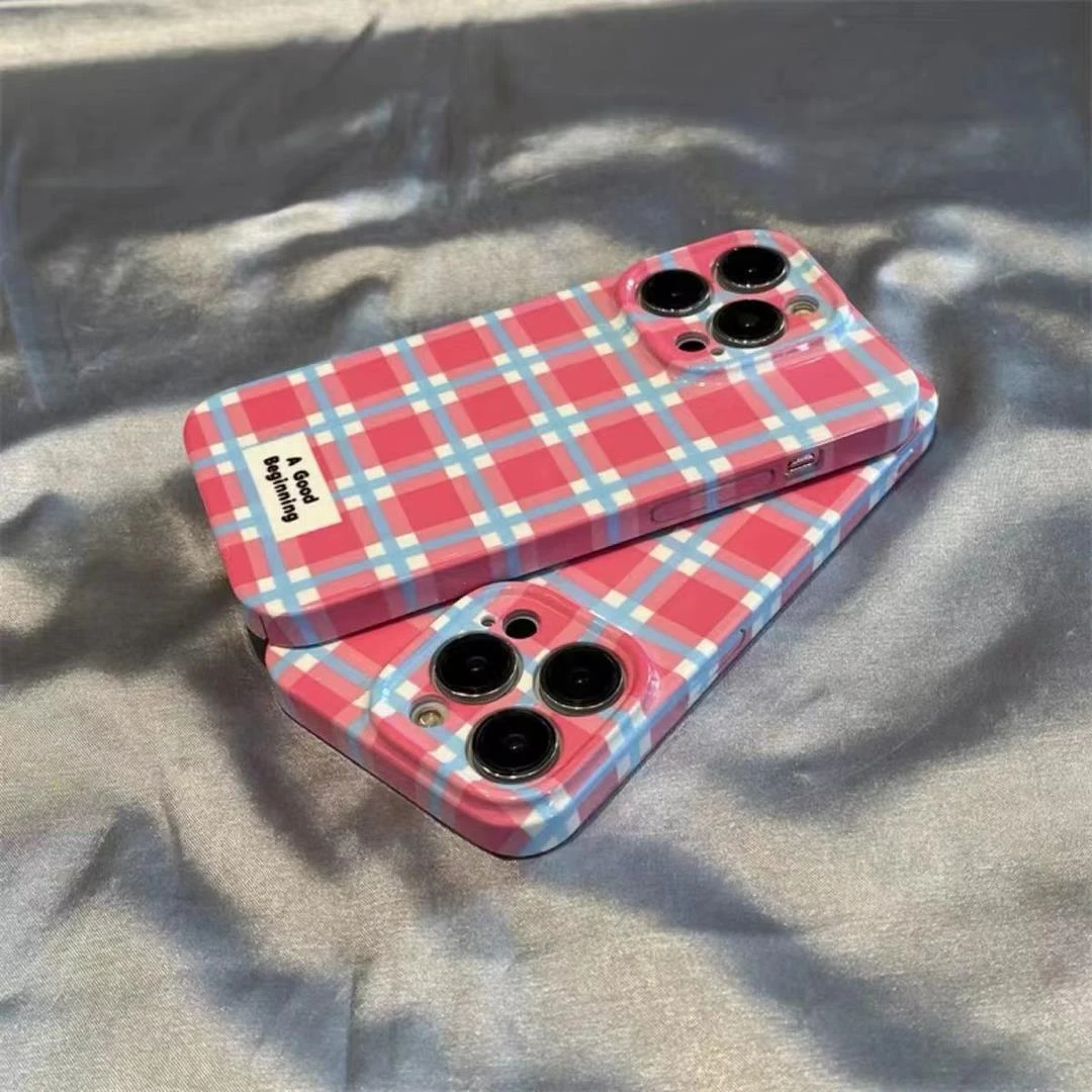 天壳菲林粉蓝格纹英文适用iPhone13promax手机壳苹果12硬11新14pr