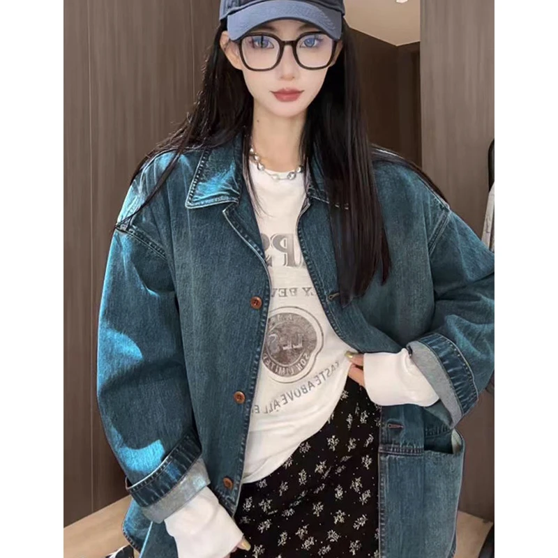 美式复古长袖牛仔外套女款2025新款春季高级小众气质宽松外搭上衣