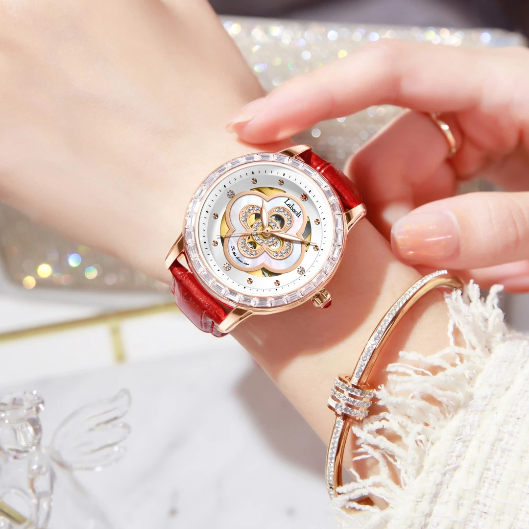 新款全自动机械腕表时尚四叶幸福花镶钻气质夜光女士手表-文