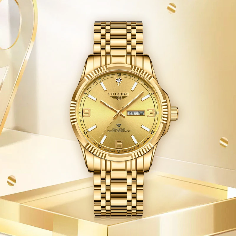 2024新款男士手表多功能时尚经典镶钻高档男士腕表金色-小郭