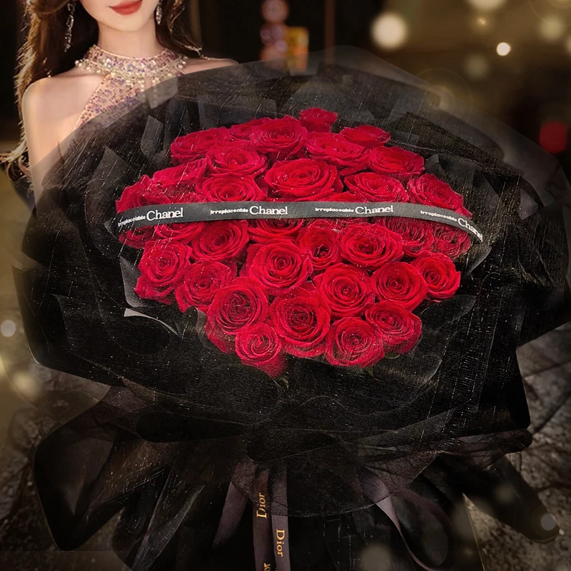唯爱鲜花情人节【33朵红玫瑰花束-黑纱款】鲜花全国同城配送小时达