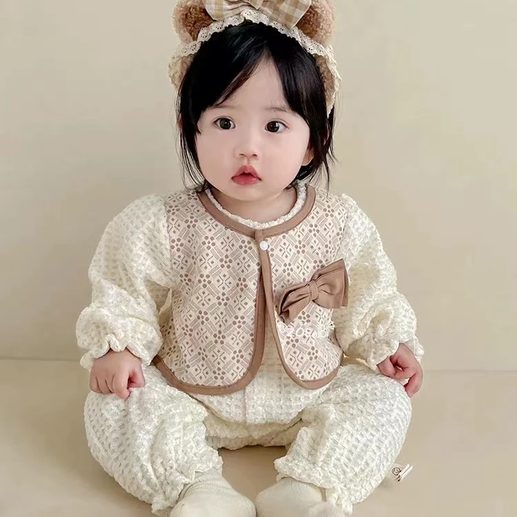 （无发带）新款秋款蝴蝶结小香风假两件哈衣外出服宝宝婴儿公主