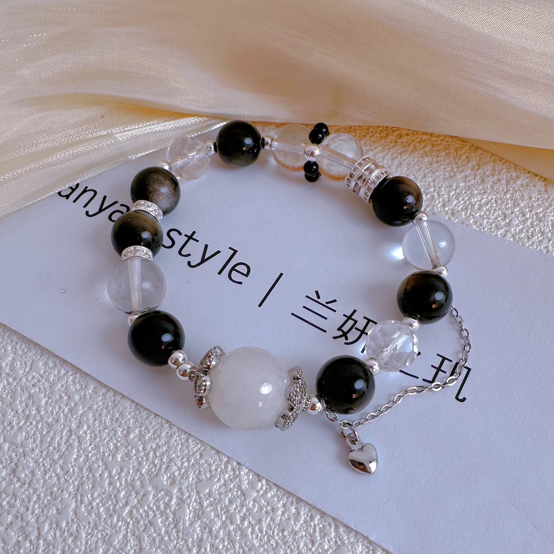 天然水晶 天然银曜石白水晶手链镶锆配件天然水晶手串高级感 7705