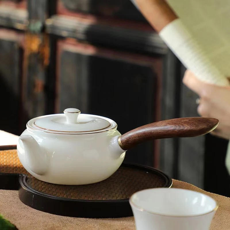 羊脂玉瓷白瓷侧把壶茶具泡茶壶简约陶瓷防烫家用中式侧把单壶描金