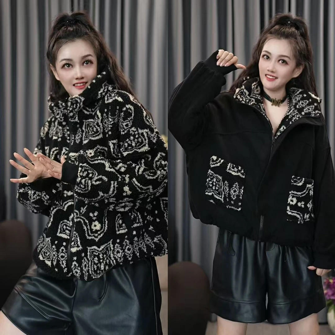 2024新款冬季复古青花瓷花色连帽气质显瘦休闲拉链洋气两面穿外套