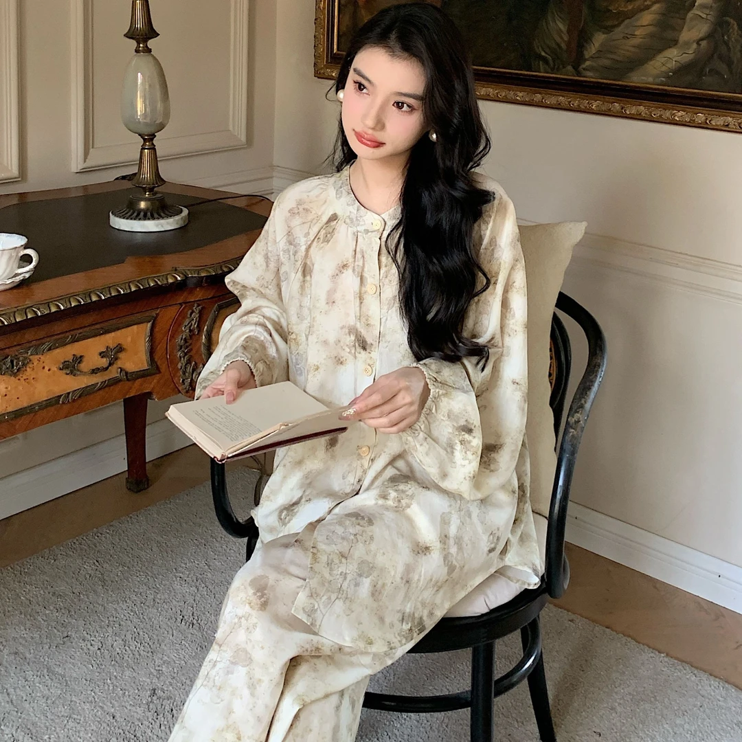 【HS水墨丹青】睡衣女绵纱秋季新款国风家居服套装可外穿长袖长裤