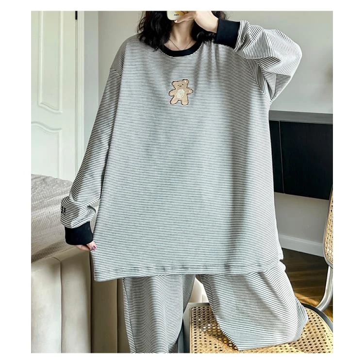 【简约小熊】睡衣女生春季长袖长裤条纹宽松课外穿套头家居服春秋