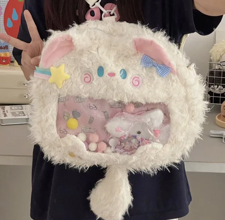 2024新款森系可爱奶白猫蝴蝶结透明痛包小清新洋气个性百搭斜挎包