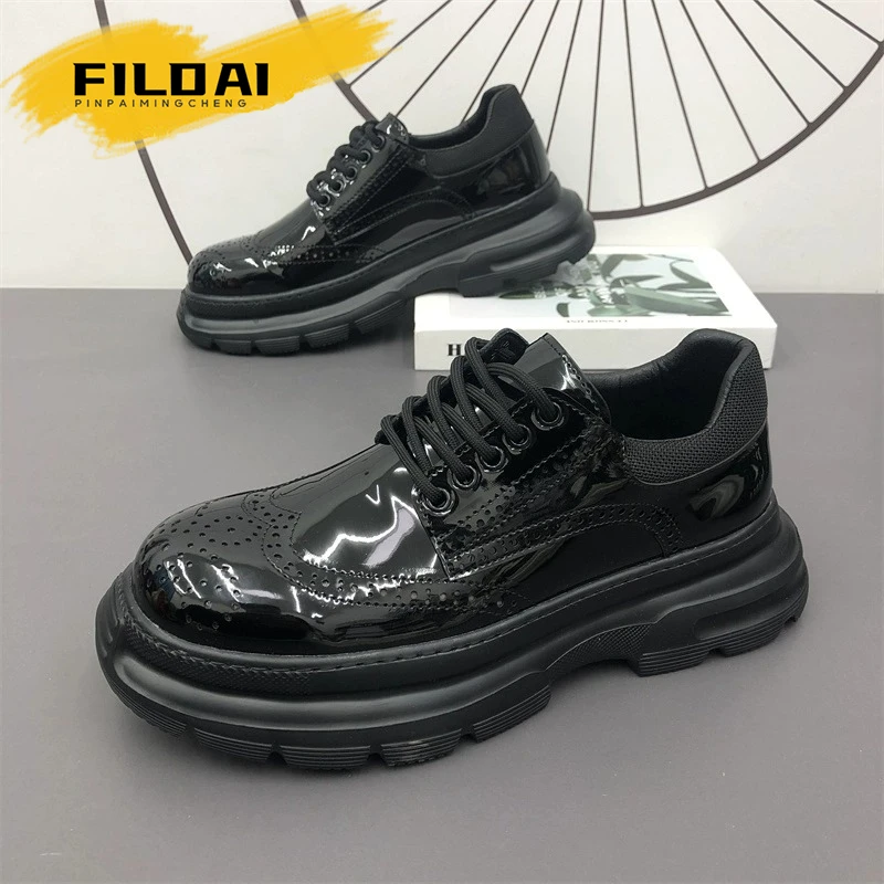 FILDAI布洛克雕花皮鞋男款英伦风休闲男鞋厚底增高商务正装鞋子男