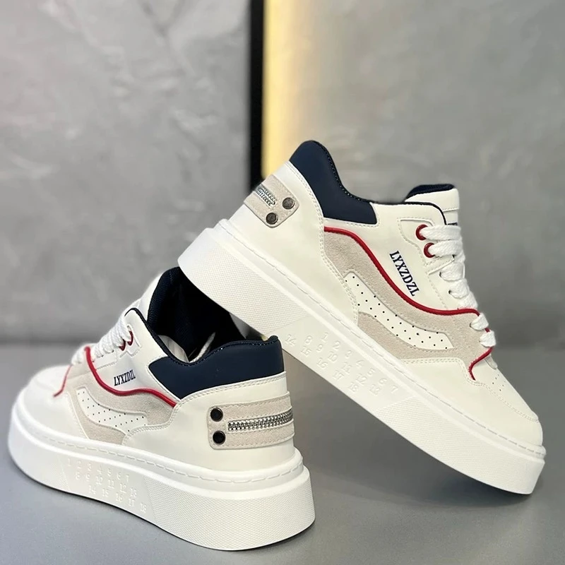 FILDAI男鞋2025新款秋冬季低帮厚底板鞋皮面小白鞋系带增高休闲鞋