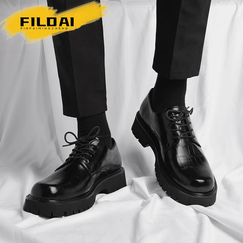 FILDAI高端皮鞋男款秋冬季真皮加绒商务正装男鞋英伦风休闲马丁鞋