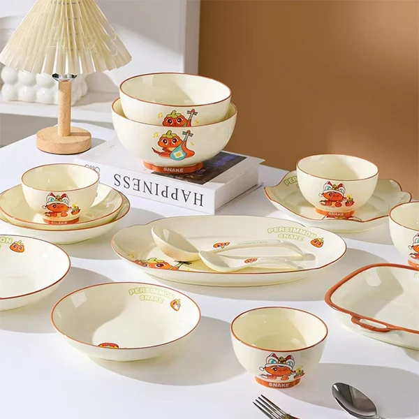 【老板来了】小柿蛇碗盘套组合金筷子家用釉中彩